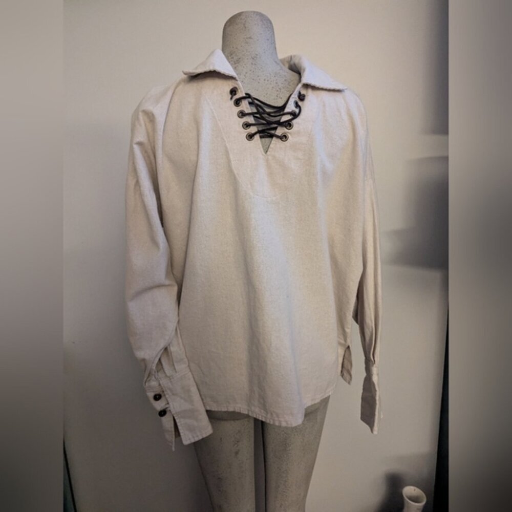 Medieval linen shirt with leather lacing at collar Designer Anne LaRochelle - Picture 3 of 8